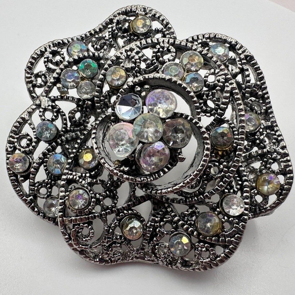 Vintage‎ 90s Flower Brooch Pendant Iridescent Rhinestone Silver Tone Pin Jewelry